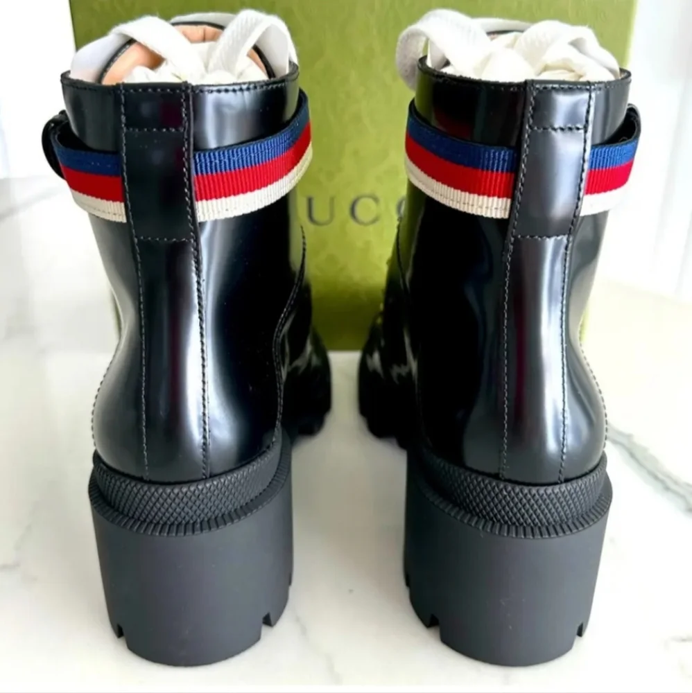 GUCCI SYLVIE WEB COMBAT BOOTS BLACK LEATHER - Picture 3 of 6